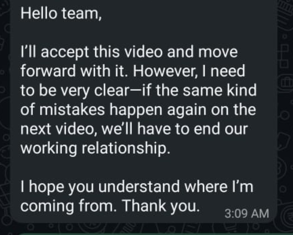 Client feedback message about ongoing collaboration