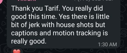 Client thank-you message about editing quality